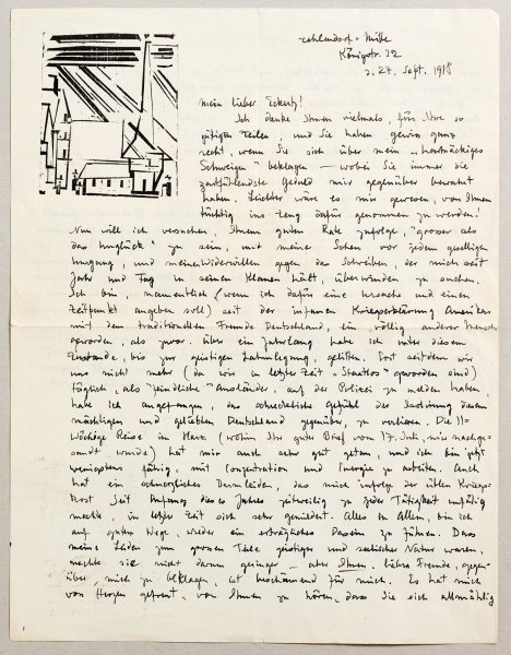 Brief Seite 1 an den  Feininger-Schüler Waldemar Eckertz, mit Holzschnitt